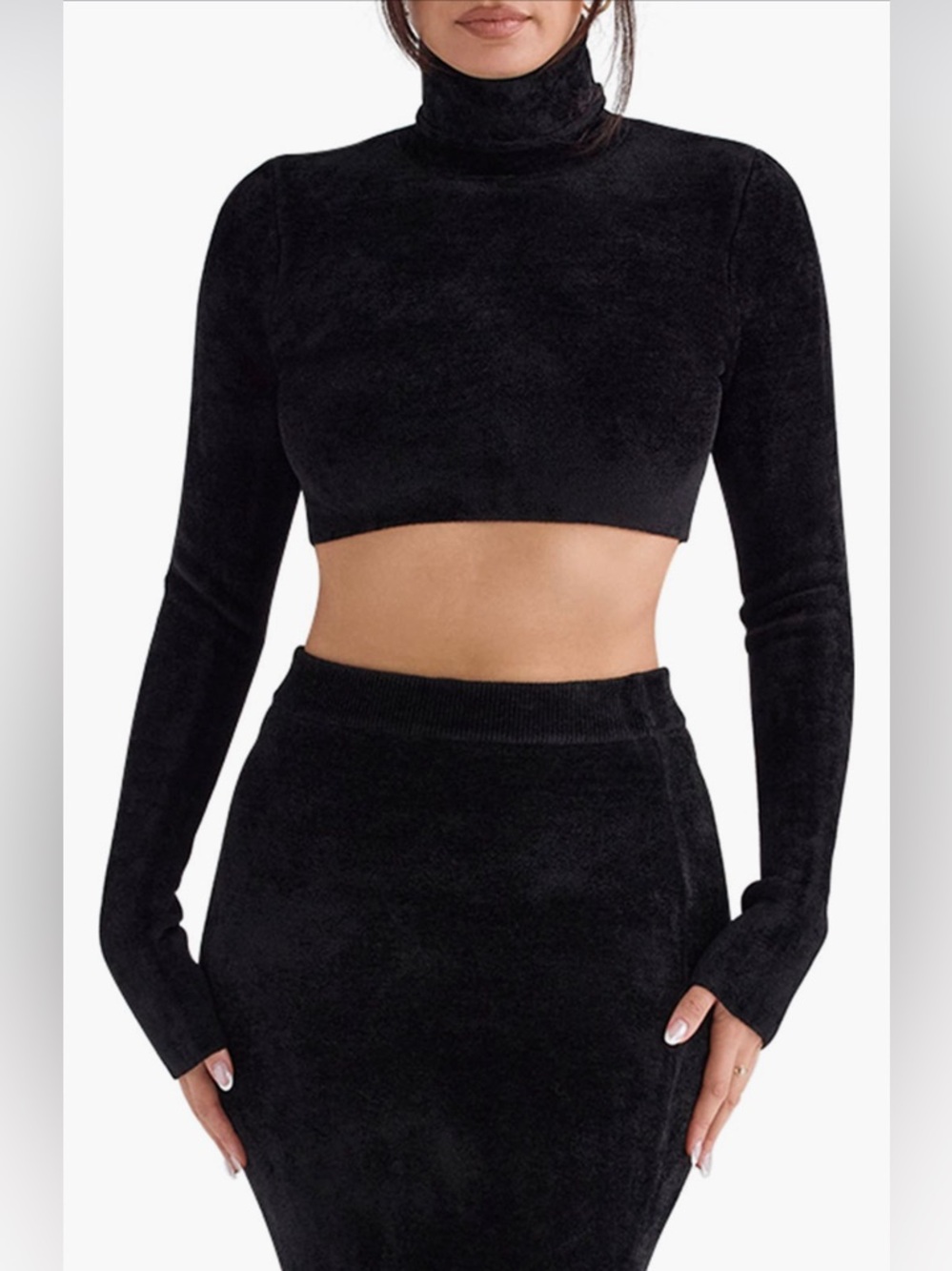 House Of Cb Black Velvet Crop Long SleepTurtleneck Top
